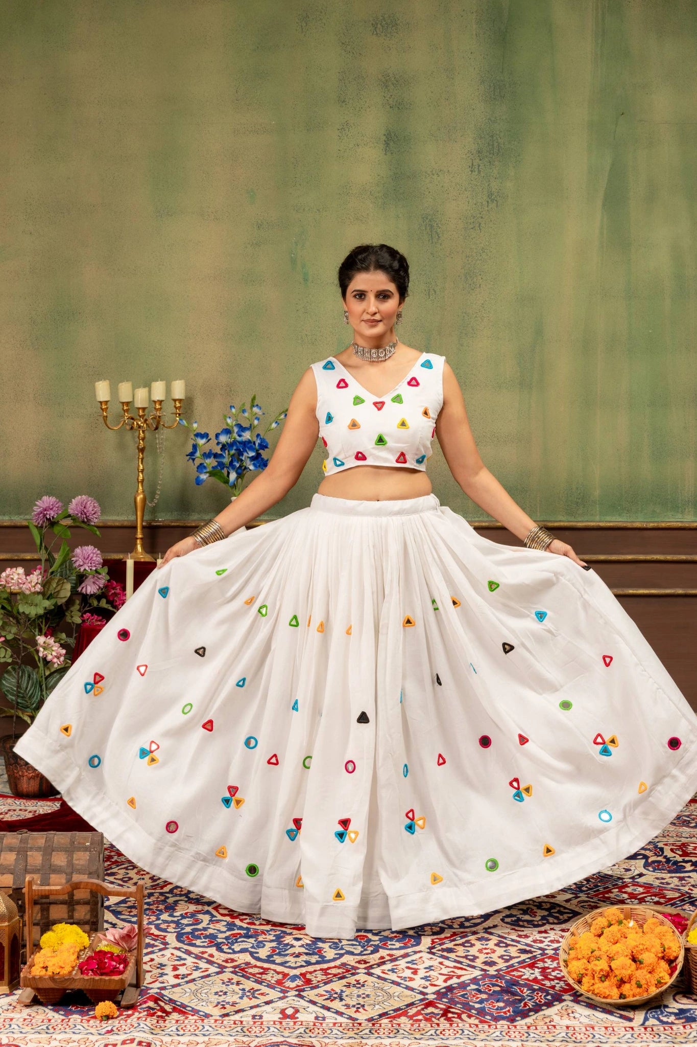 deep navy blue mirror work lehenga white choli close up kalyanja KL188