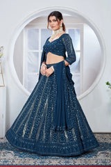 Deep Navy Blue Sequins Lehenga side flair view V-neck 3/4 sleeve – Kalyanja KL165