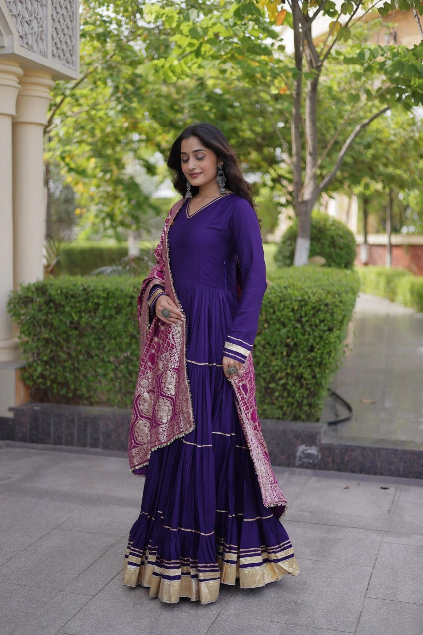 Deep Purple Anarkali Suit full length three quarter outdoor model shot