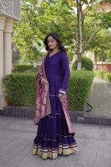 Deep Purple Anarkali Suit full length three quarter outdoor model shot
