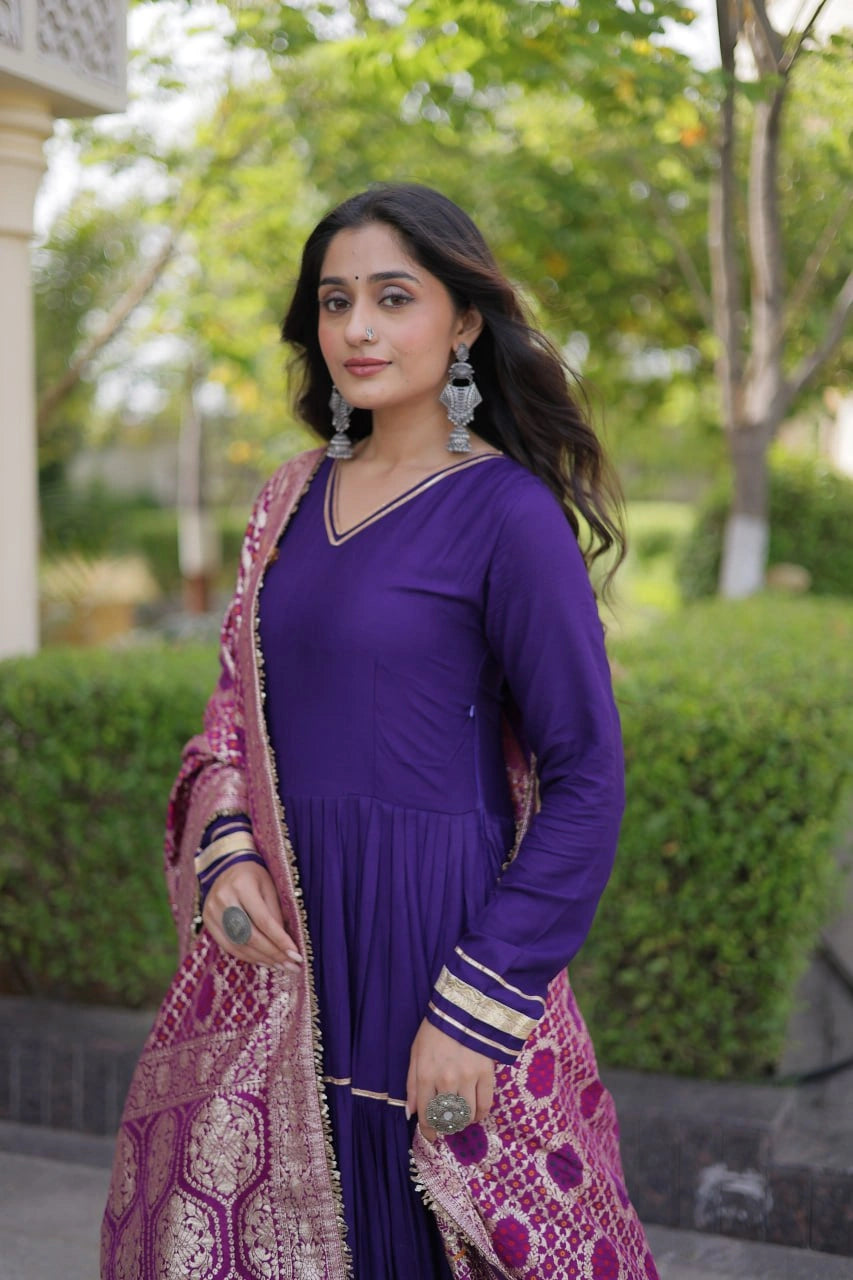 Deep Purple Anarkali Suit upper body close up showing neckline and cuff gota patti detail