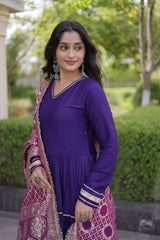 Deep Purple Gota Patti Anarkali Suit close up upper body with Banarasi dupatta detail