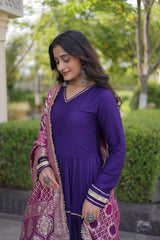 Deep Purple Anarkali Suit upper body close up showing cuff gota patti work and dupatta