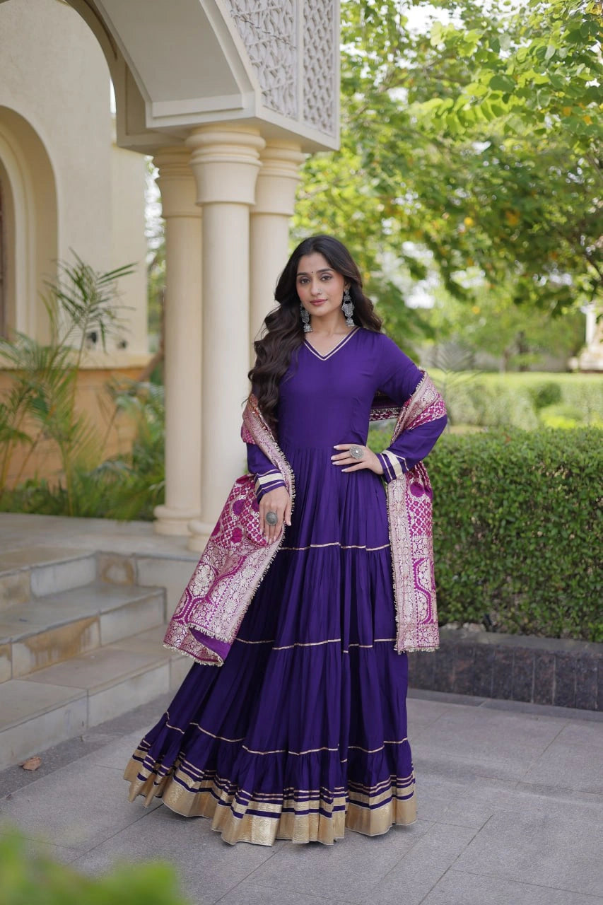 Deep Purple Gota Patti Anarkali Suit front view smiling model Rayon Blend KU288