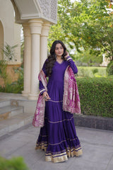 Deep Purple Gota Patti Anarkali Suit full length front with dupatta hanging