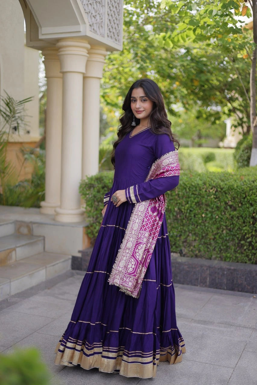 Deep Purple Gota Patti Anarkali Suit side three quarter showing full silhouette