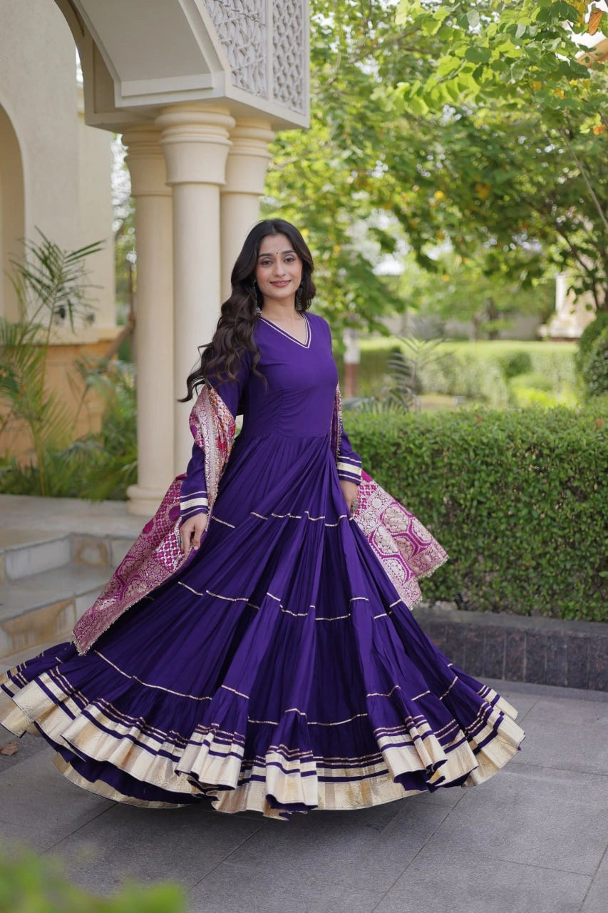 Deep Purple Anarkali Suit twirling full flair showing all gota patti tier bands