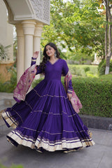 Deep Purple Anarkali Suit spinning with Banarasi dupatta spread wide showing brocade