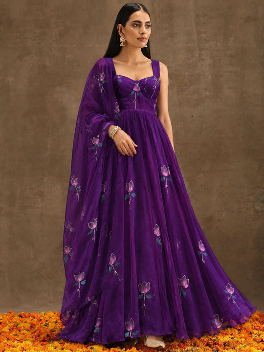 Deep Purple Zari Handpaint Suit full length front pose with dupatta – Kalyanja KU279