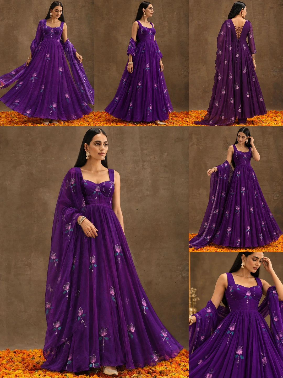 Deep Purple Zari Handpaint Suit multiple model poses collage – Kalyanja KU279