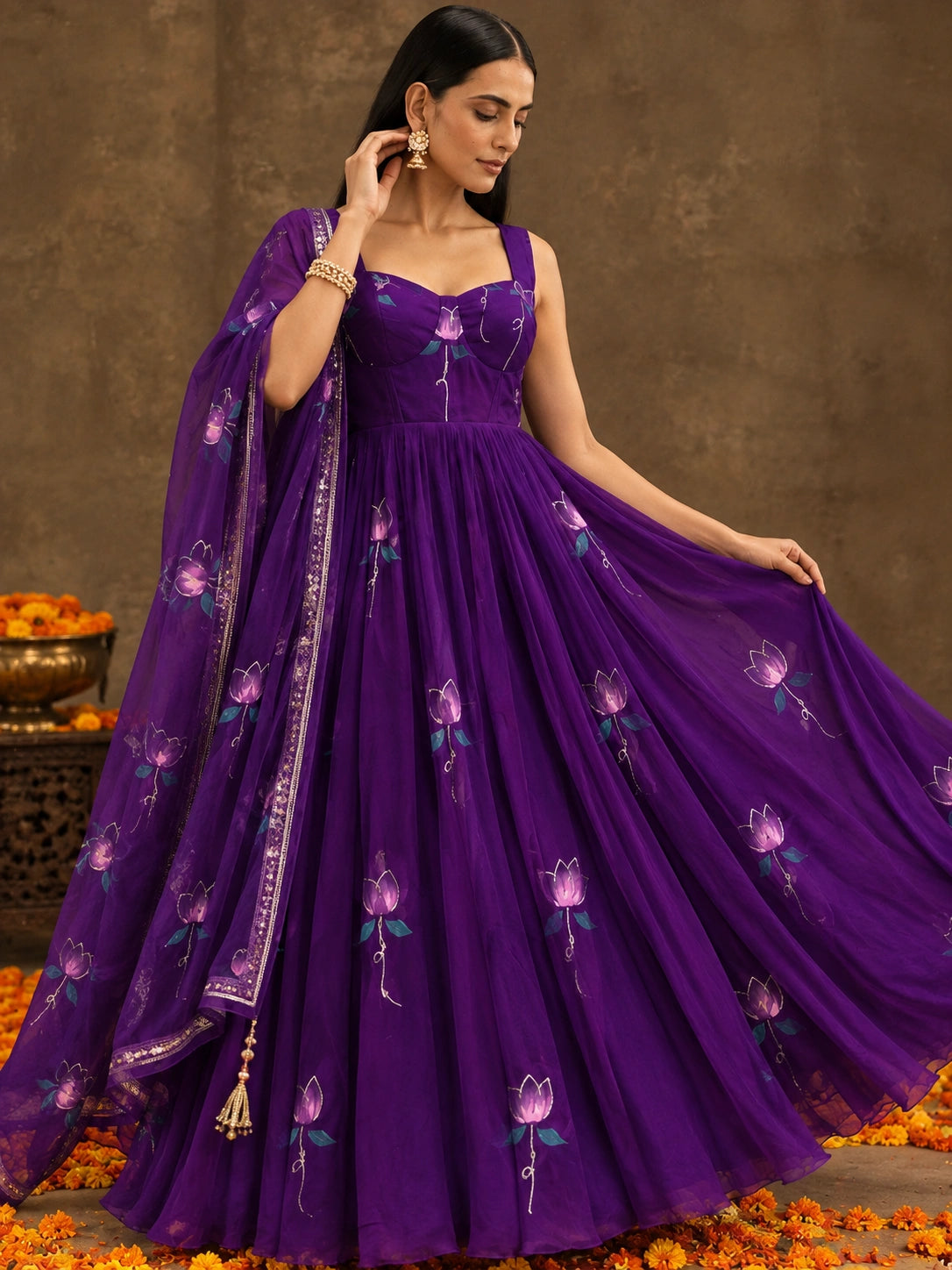 Deep Purple Anarkali Suit full length dupatta flowing flare open – Kalyanja KU279
