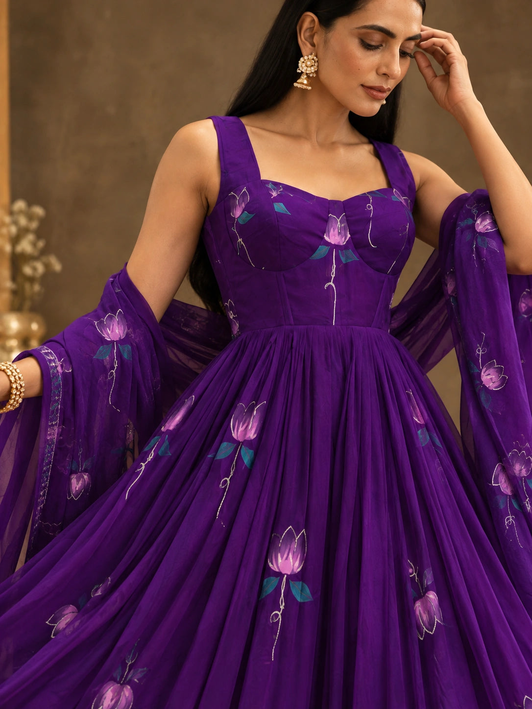 Deep Purple Anarkali Suit upper body close-up sweetheart bustier bodice – Kalyanja KU279