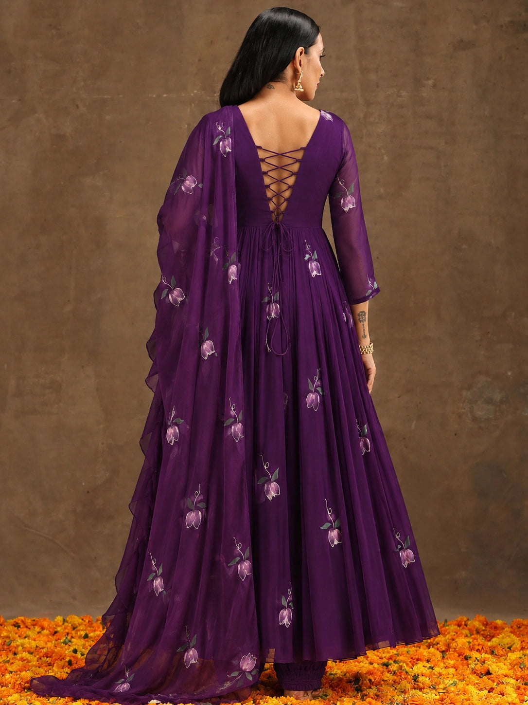 Deep Purple Zari Handpaint Suit back view open dori lace-up tie – Kalyanja KU279