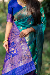 Deep Teal Zari Work Soft Banarasi Silk Saree - kalyanja