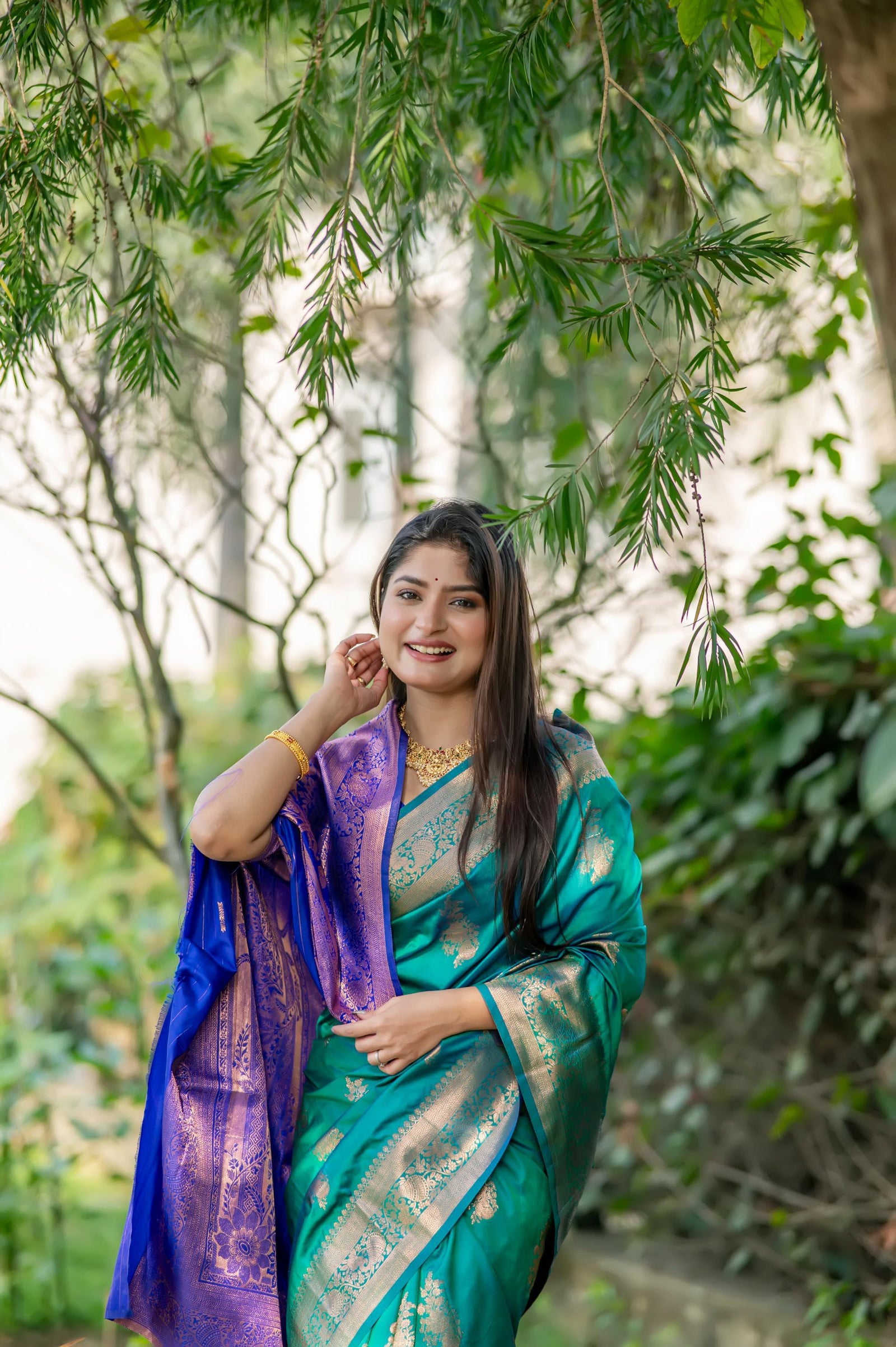 Deep Teal Zari Work Soft Banarasi Silk Saree - kalyanja