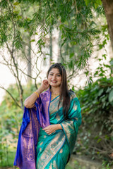 Deep Teal Zari Work Soft Banarasi Silk Saree - kalyanja