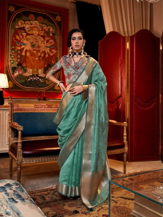Deep Teal Jacquard Work Moss Chiffon Saree for Women