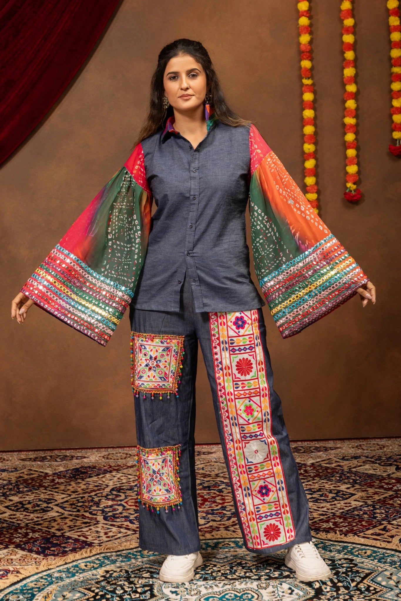 Denim Blue Embroidered Coord Set Mirror Work Sleeves Open View KC23