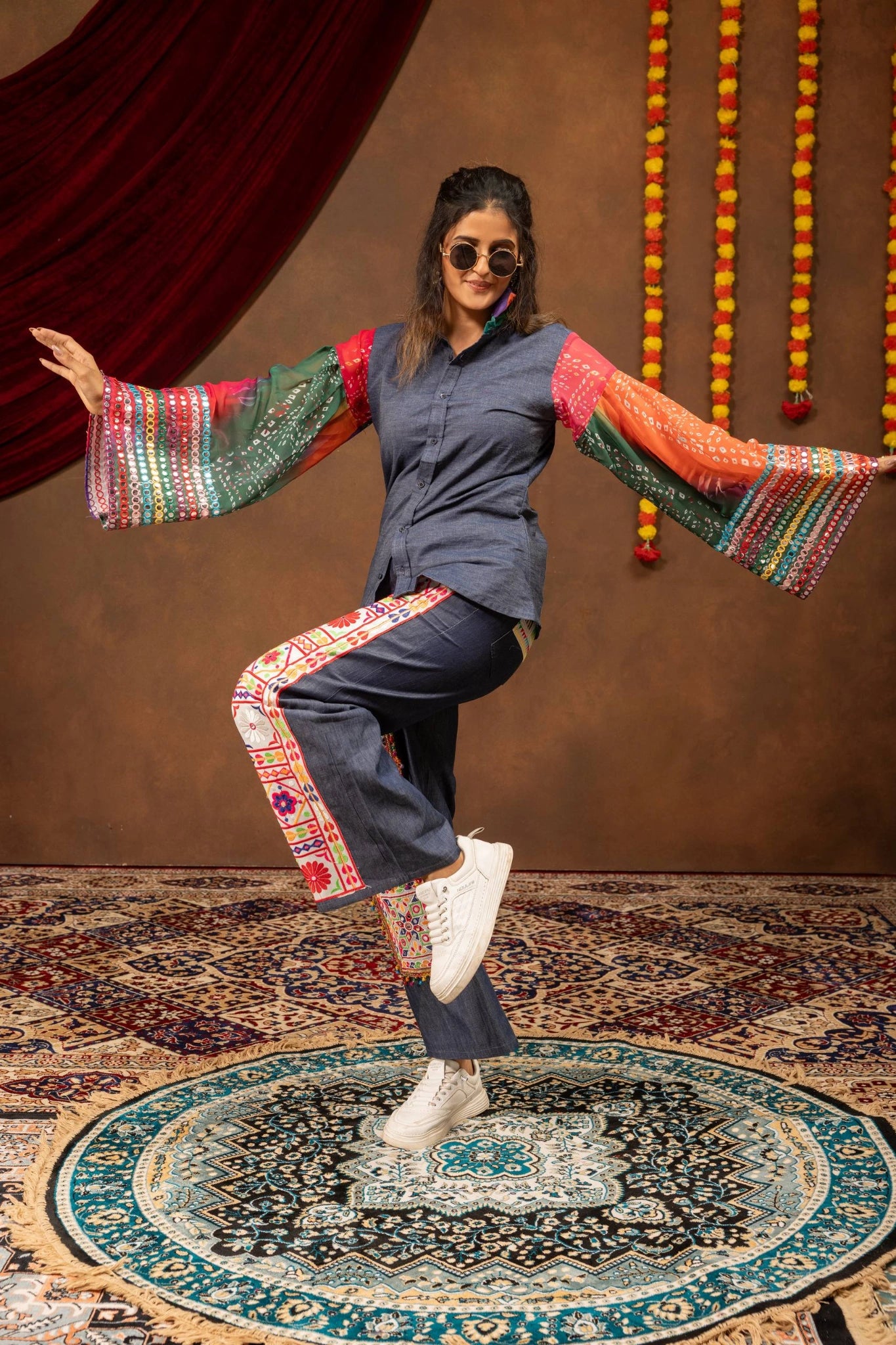 Denim Blue Embroidered Coord Set Dance Pose Side View KC23