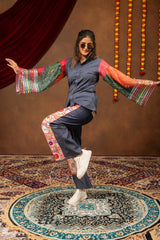 Denim Blue Embroidered Coord Set Dance Pose Side View KC23