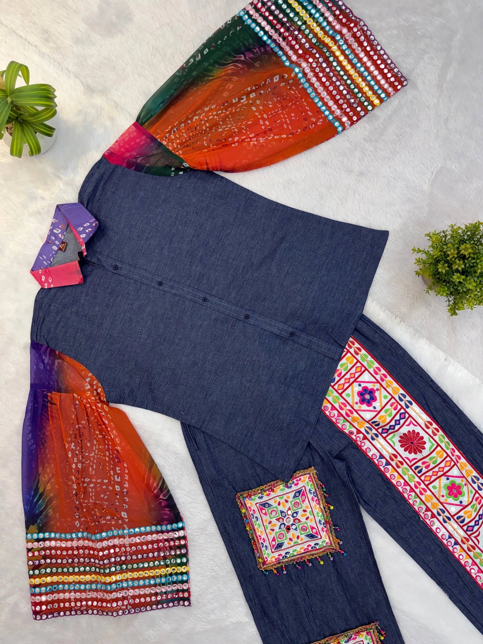 Denim Blue Embroidered Coord Set Flat Lay Mirror Work Detail KC23