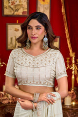 Off White Prada Silk Blend Saree - Beads Sequins Cutwork Border