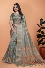 Dusty Mint Green Zari Weaving Premium Crystal Saree Hero Front View | Kalyanja KS362