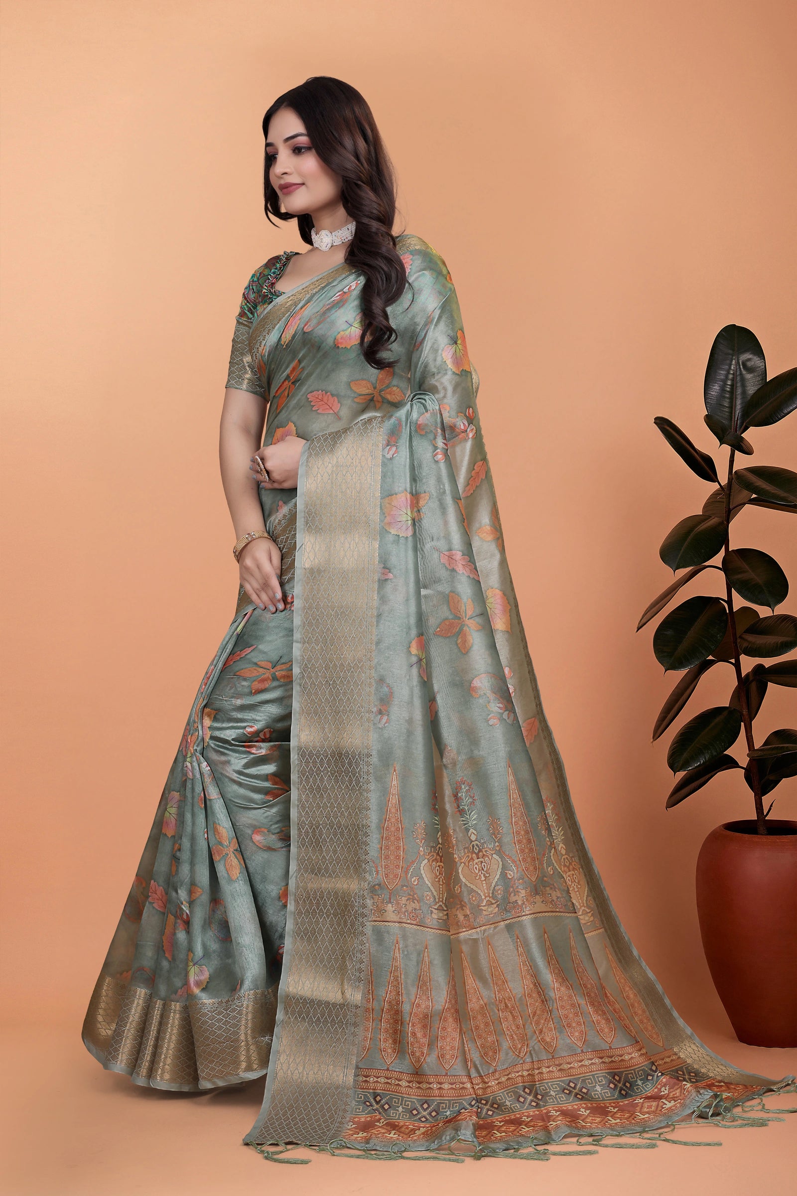 Dusty Mint Green Zari Weaving Saree Full Front Woven Pallu View | Kalyanja KS362