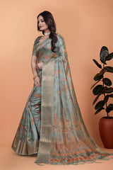 Dusty Mint Green Zari Weaving Saree Full Front Woven Pallu View | Kalyanja KS362