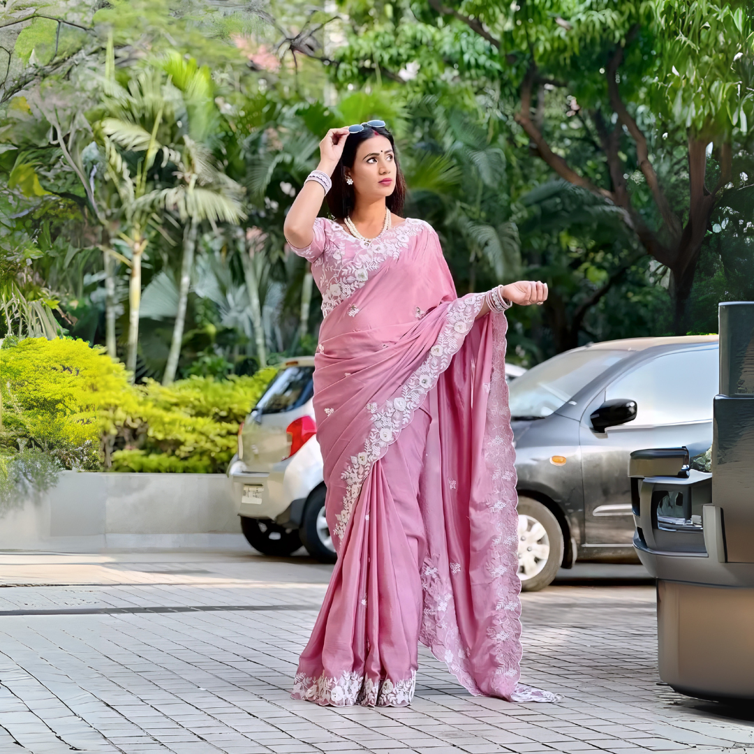 Pink Embroidery Work Soft Chinon Silk Saree