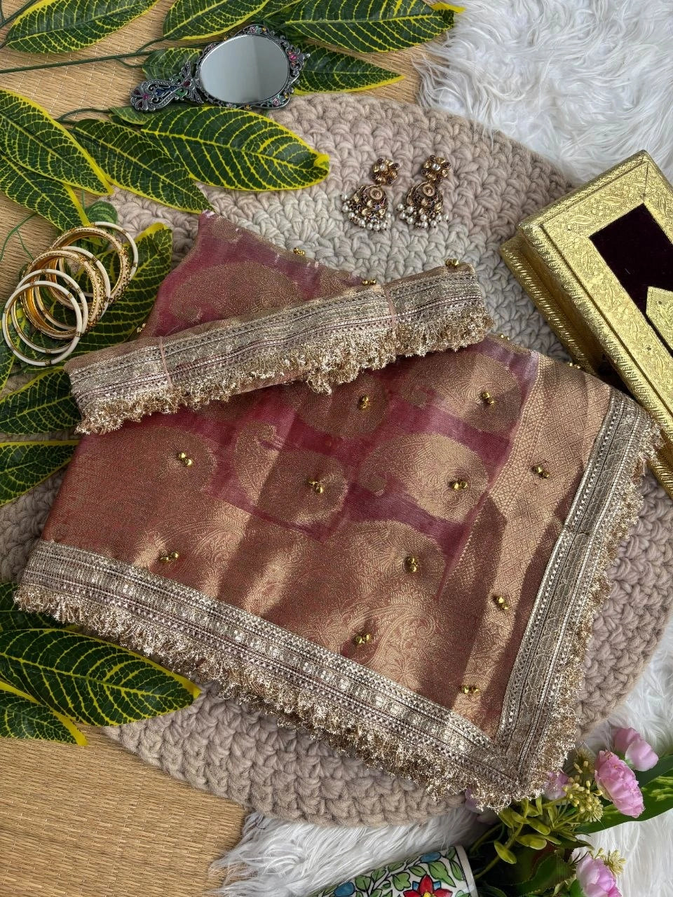 Dusty Rose Hand Ghungroo Weaving Saree – Banarasi Satin Silk KS405