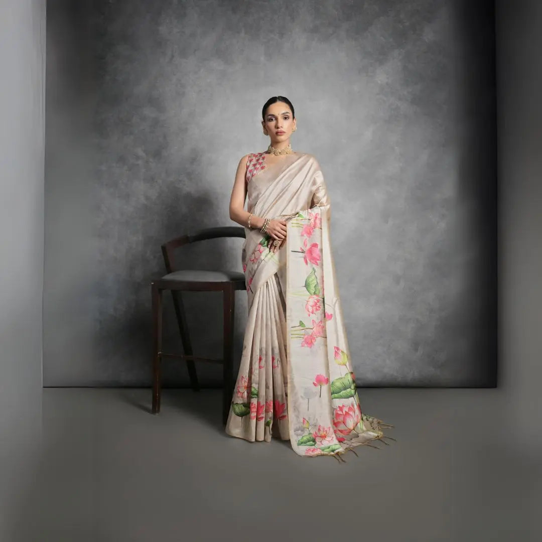 Light Beige Tussar Silk Saree
