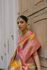Tulip Pink Kadwa Style Weaving Soft Banarasi Silk Saree - kalyanja