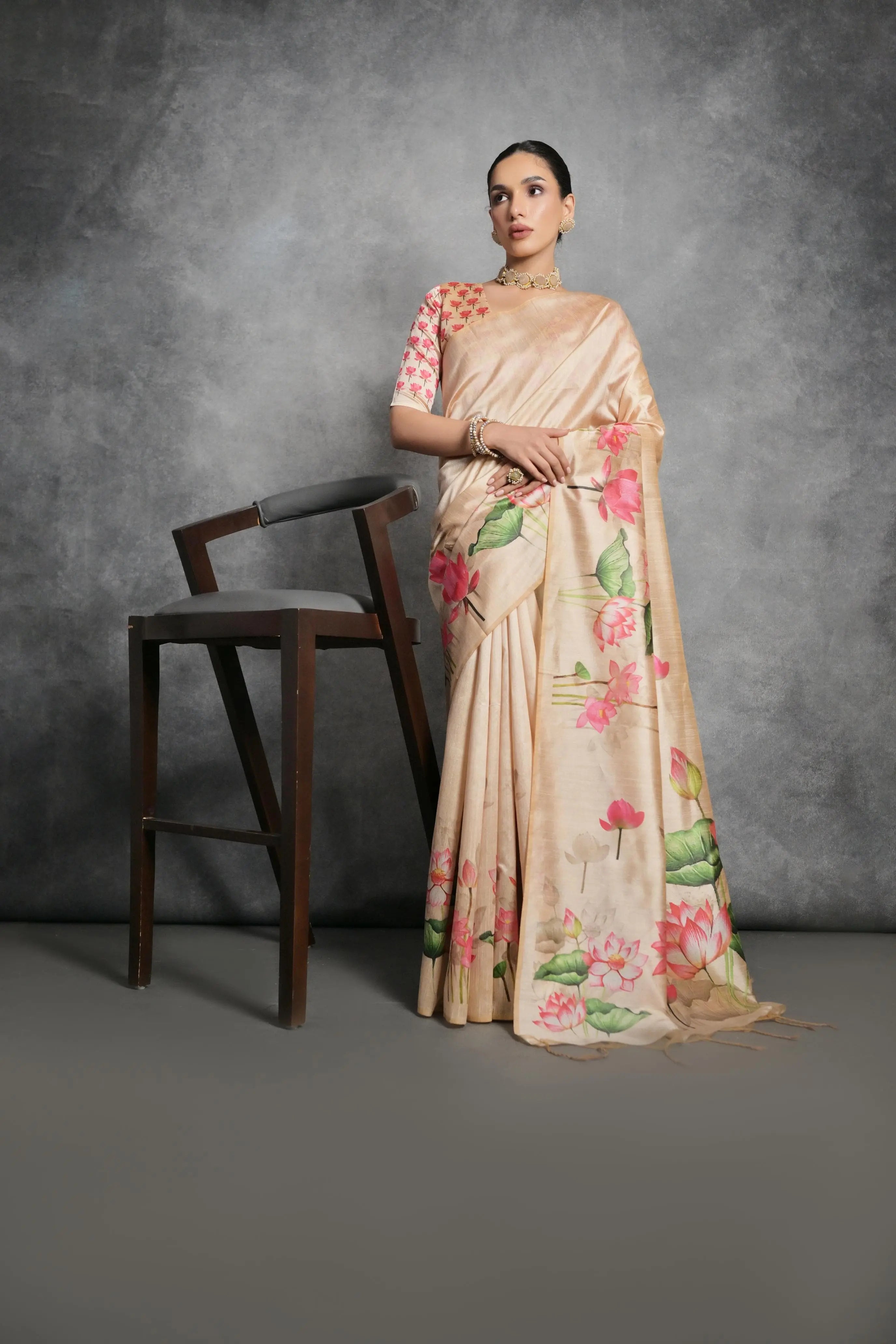 Beige Tussar Silk Saree