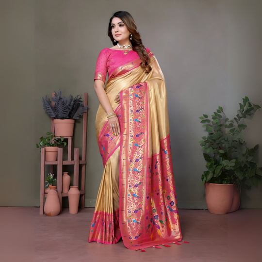 Light Gold Paithani Woven Banarasi Tissue Silk Saree