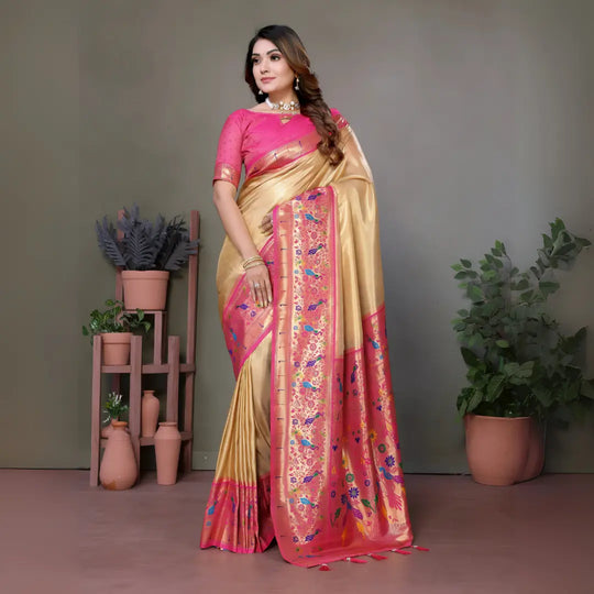 Light Gold Paithani Woven Banarasi Tissue Silk Saree