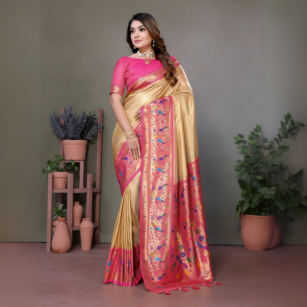 Light Gold Paithani Woven Banarasi Tissue Silk Saree