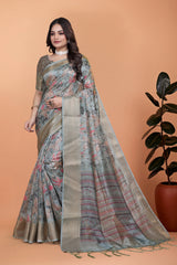 Gray Zari Weaving Premium Crystal Saree Hero Front View | Kalyanja KS371