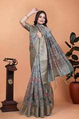 Gray Zari Weaving Saree Woven Pallu Side View | Kalyanja KS371