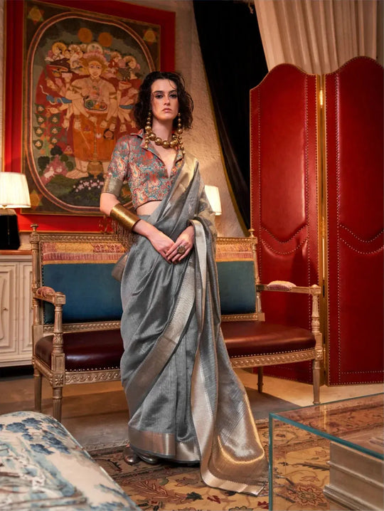 Grey Jacquard Work Moss Chiffon Saree - kalyanja