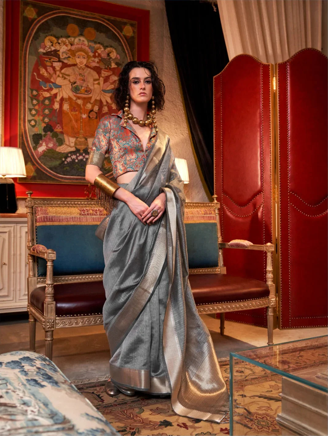 Grey Jacquard Work Moss Chiffon Saree - kalyanja