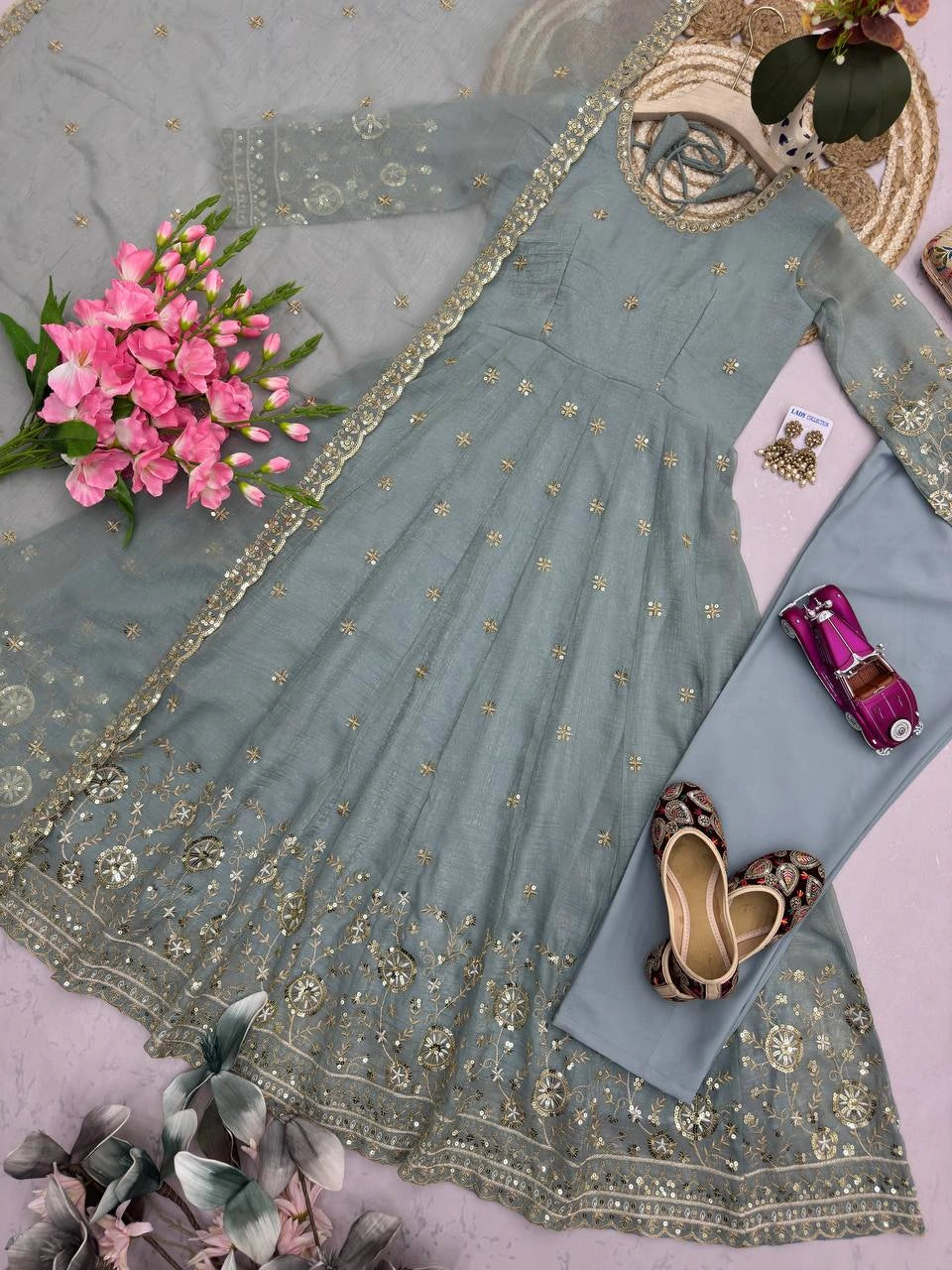 Grayish Blue Sequins Embroidered Suit Side View