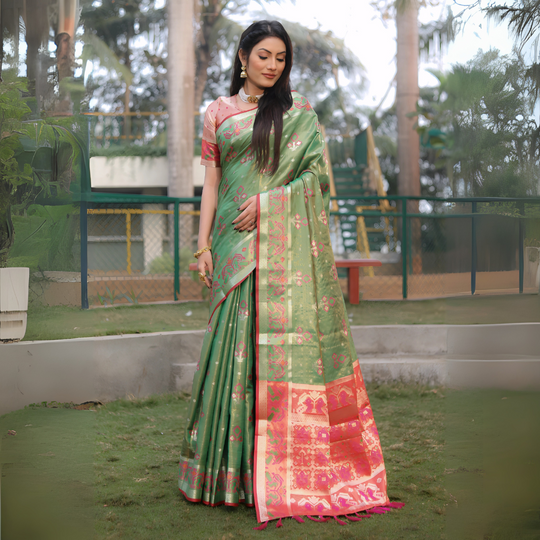 Light Green Ikkat Patola Weaving Organza Silk Saree