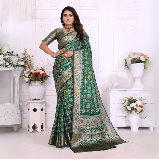 Dark Green Zari Weaving Soft Satin Silk Saree