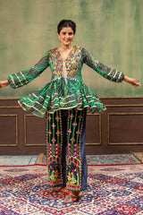 Green Bandhani Kediya Embroidered Jeans Coord Set dance pose Kalyanja KC20