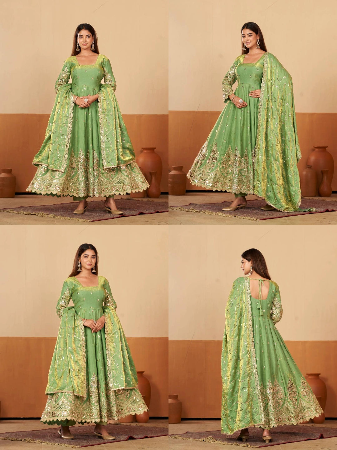 Green Embroidered Suit complete three piece set flatlay KU267