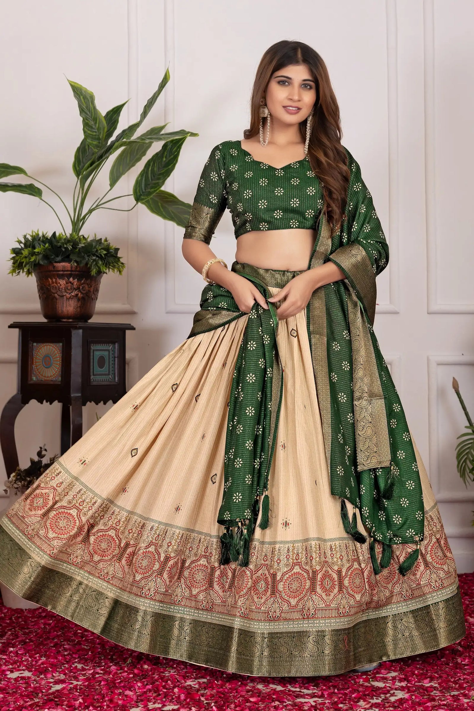Green Floral Print with Foil Work Lehenga front view – Kalyanja KL162