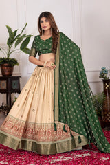 Green Tussar Silk Blend Lehenga angled pose with dupatta – Kalyanja KL162