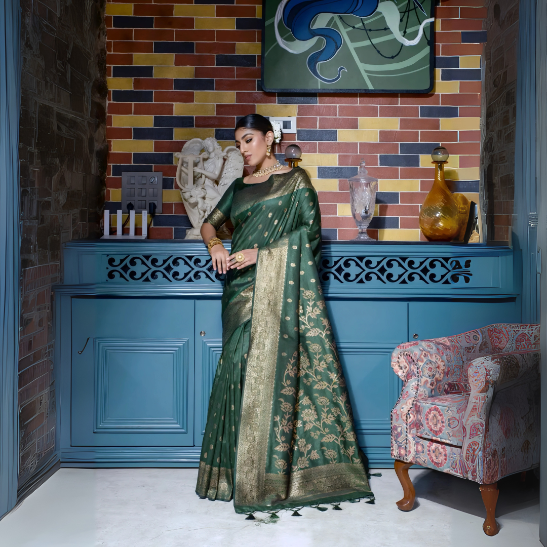Dark Green Banarasi Raw Silk Zari Weaving Saree