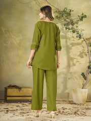 Green Multi Thread Embroidered Coord Set – Back View Full Length – KC11